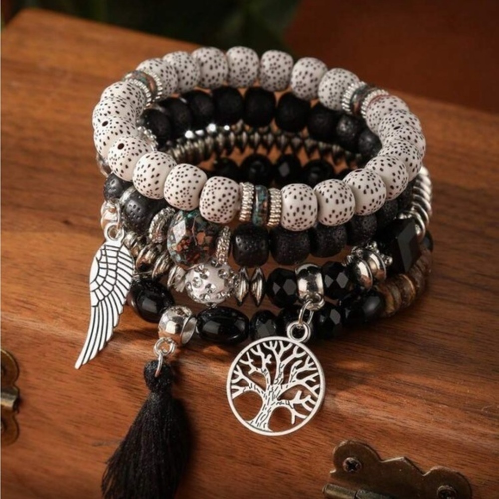 ✨NEW Bohemian Black and Silver Giving Tree 🌲 Tassel Beaded Bracelet Set